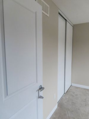 Bedroom hallway with white panel door, sliding closet doors, and neutral beige carpet flooring.