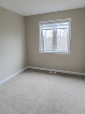 Spacious empty bedroom with neutral carpet, beige walls, and large window overlooking trees.
