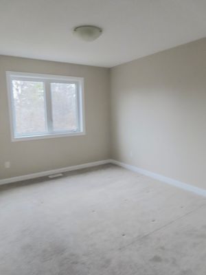 Spacious empty bedroom with neutral carpet, beige walls, and large window with natural light.