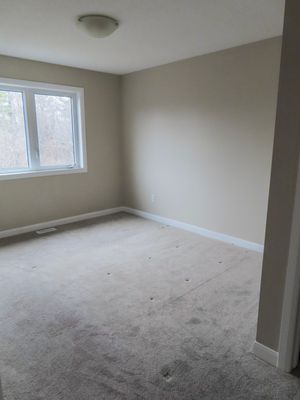 Empty bedroom with neutral beige walls, carpet flooring, and a single window with natural light.