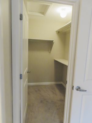 Spacious walk-in closet with built-in shelving, hanging rods, and light vinyl plank flooring.