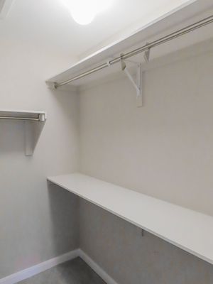 Spacious walk-in closet with double hanging rods, upper shelf, and built-in lower bench shelf.