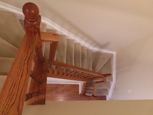 Elegant wooden staircase with oak banister and newel post, featuring carpeted steps and hardwood flooring below.