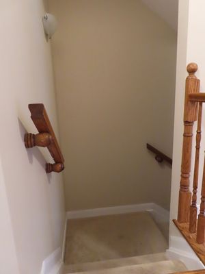 Carpeted staircase with wooden handrails and white baseboards leading to lower level in a residential home.