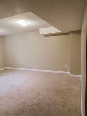 Empty basement room with beige carpet, neutral tan walls, white baseboards, and a ceiling light fixture.