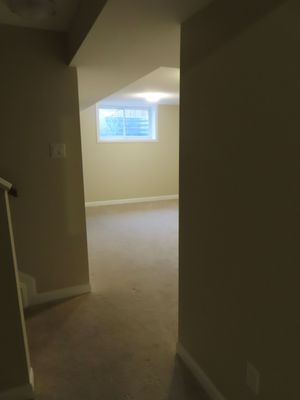 Spacious carpeted bonus room with sloped ceiling and small window at top of residential staircase.