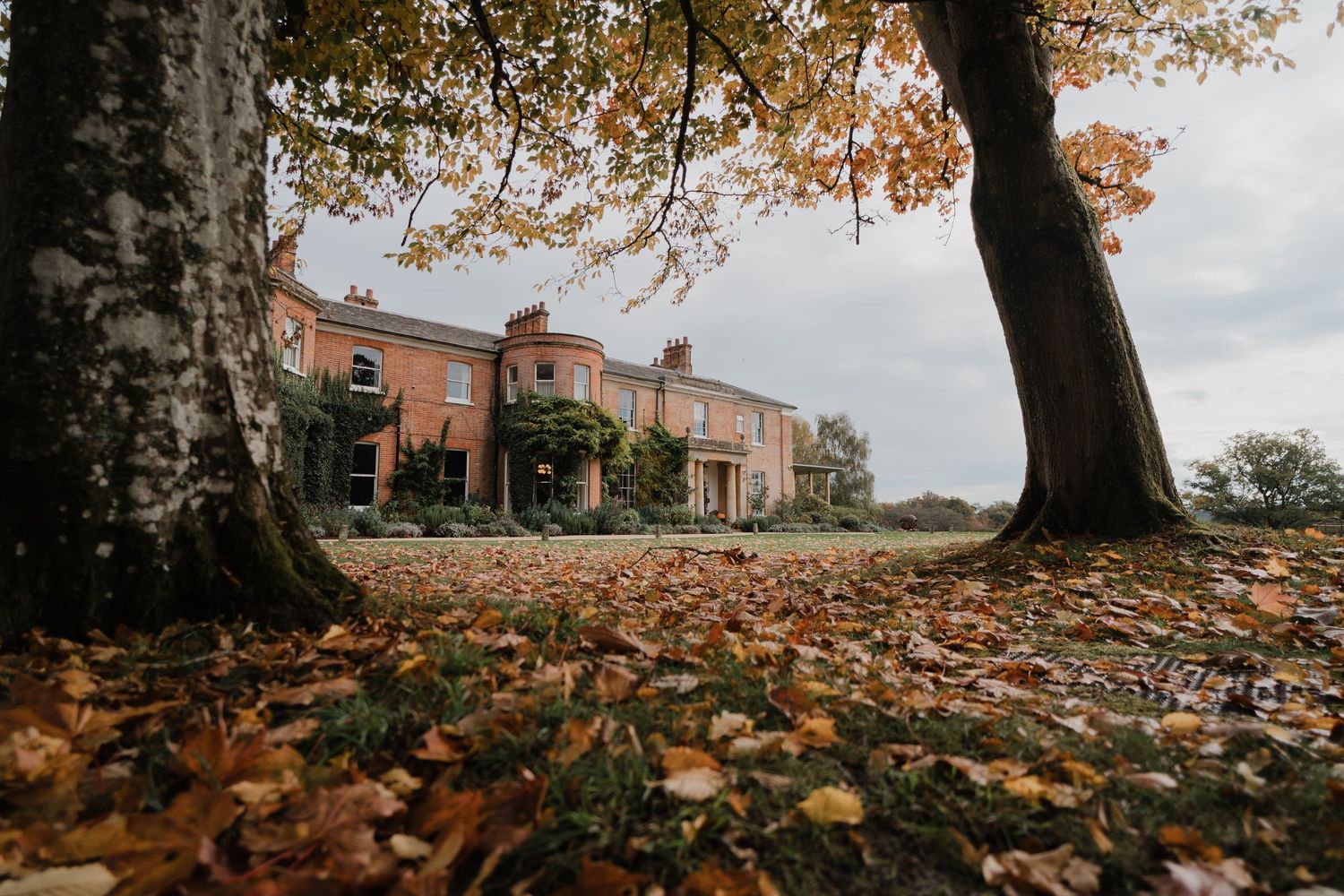 Autumn leaves carpet the ground before a grand red-brick Georgian manor house, framed by large trees under a cloudy sky.