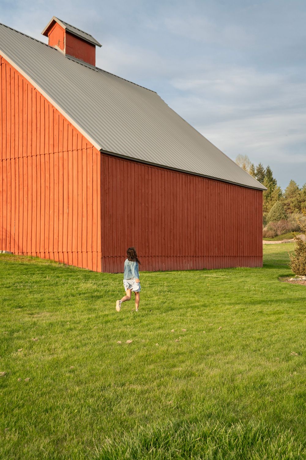 A child runs across a green lawn toward a large red barn with a gray metal roof on a sunny day.