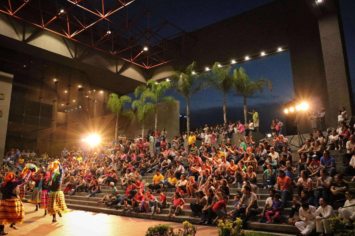 Large outdoor amphitheater filled with spectators during a nighttime performance under palm trees.
