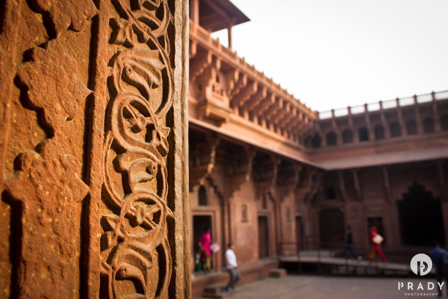 Intricate carved details on a rustic brown wall inside a historic Indian palace courtyard.
