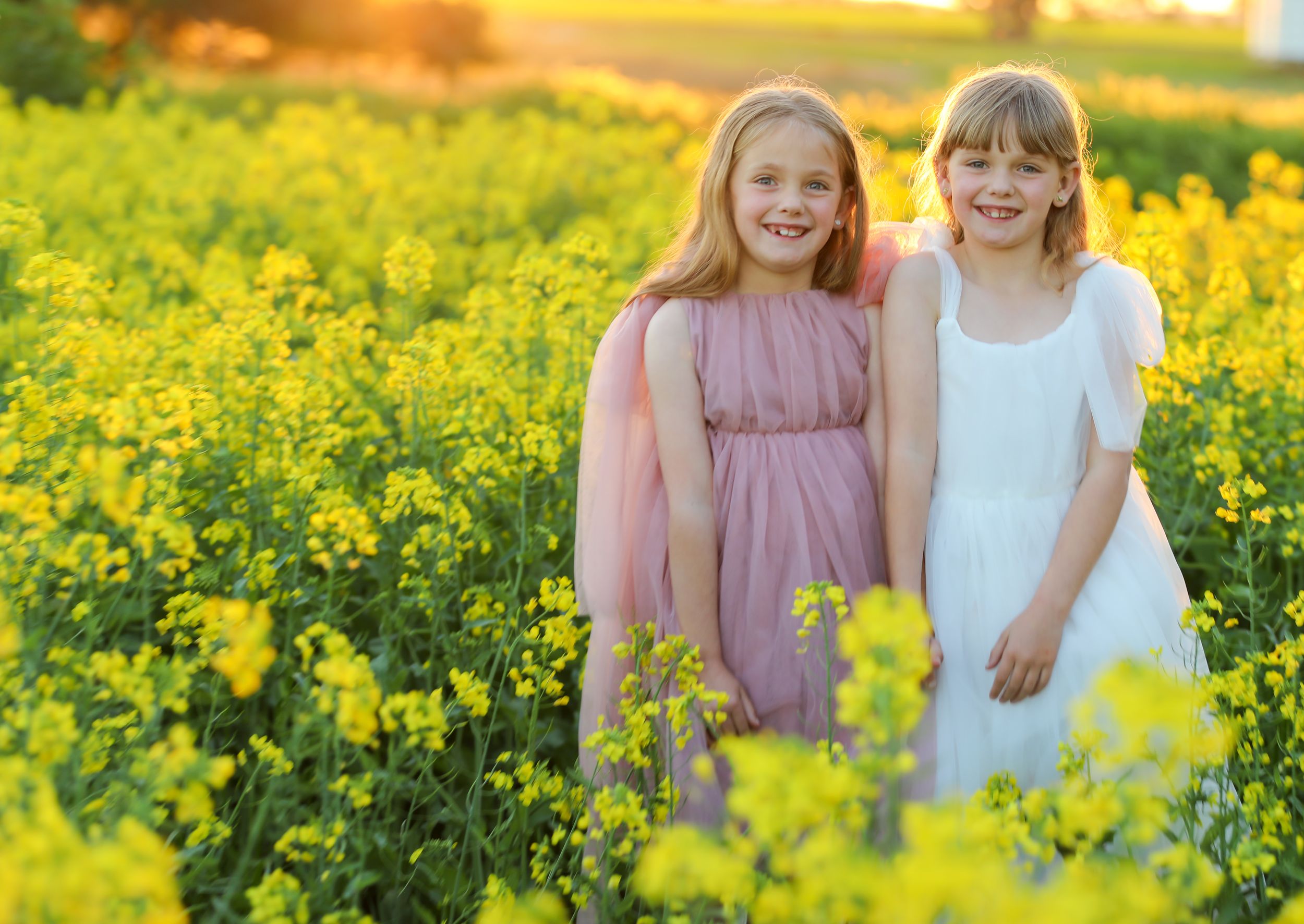 Two children in dresses walking together through bright yellow canola field.