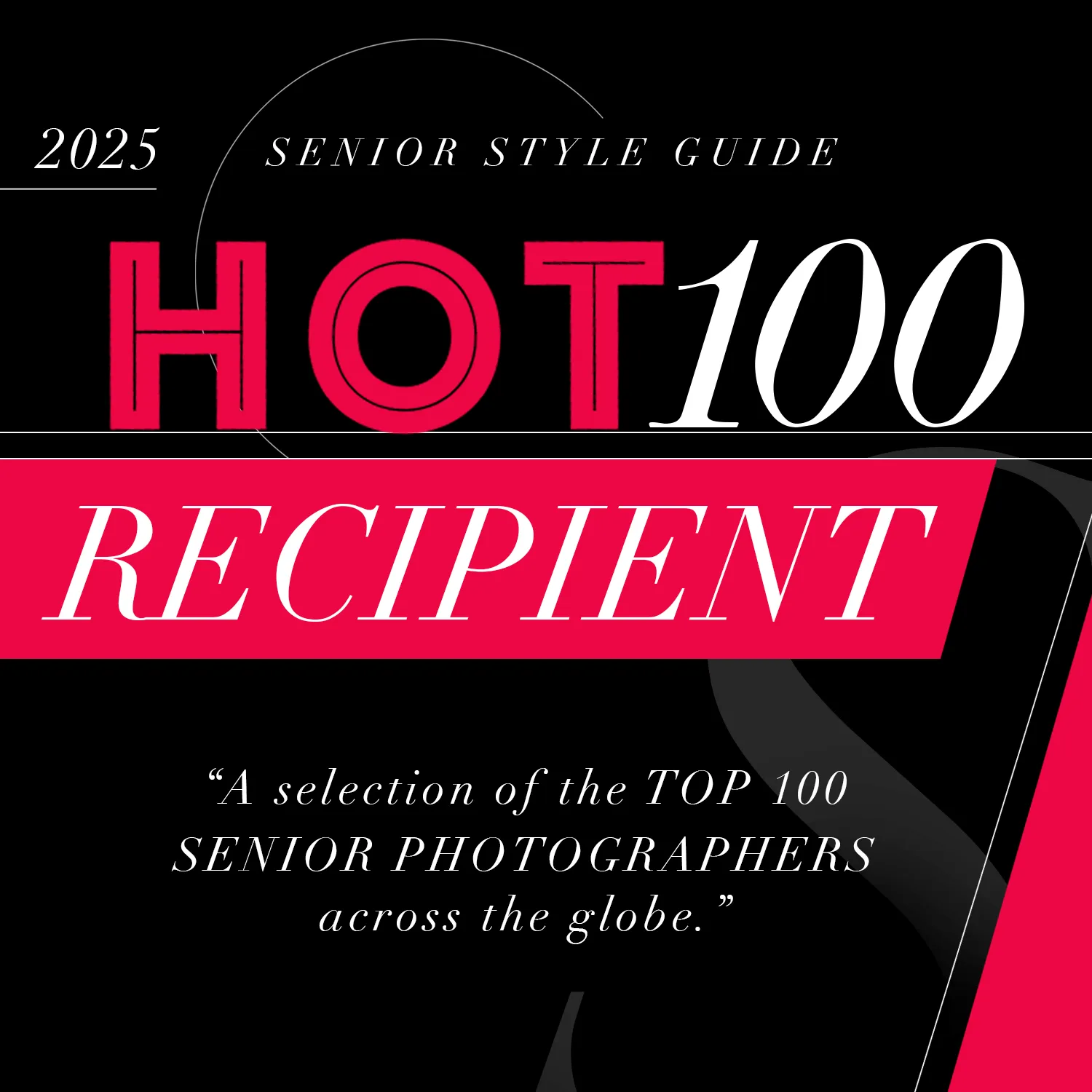2017 Hot 100 Recipient award badge for top senior photographers in red and white design.