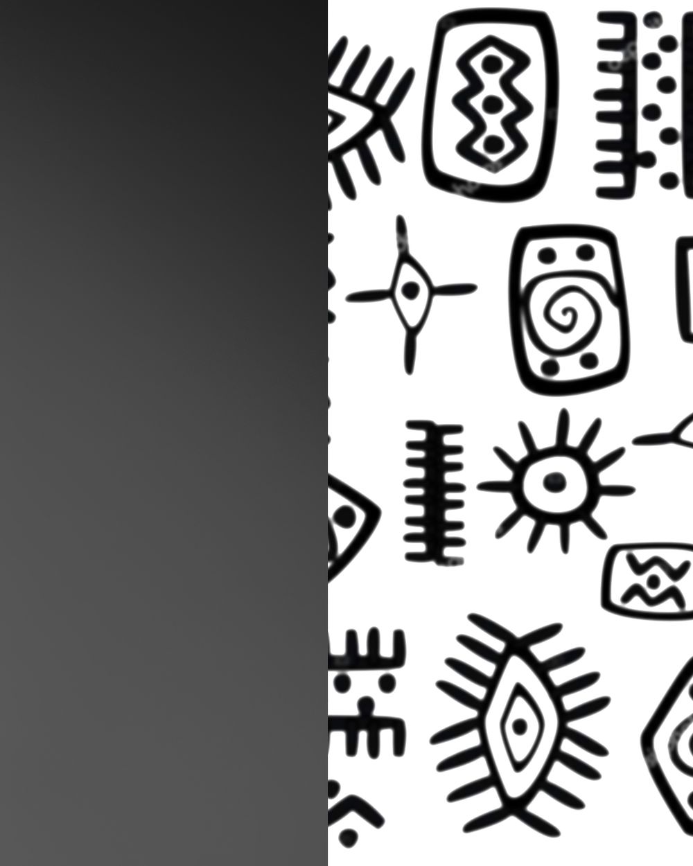 Black and white pattern of tribal symbols and abstract geometric shapes in primitive art style.