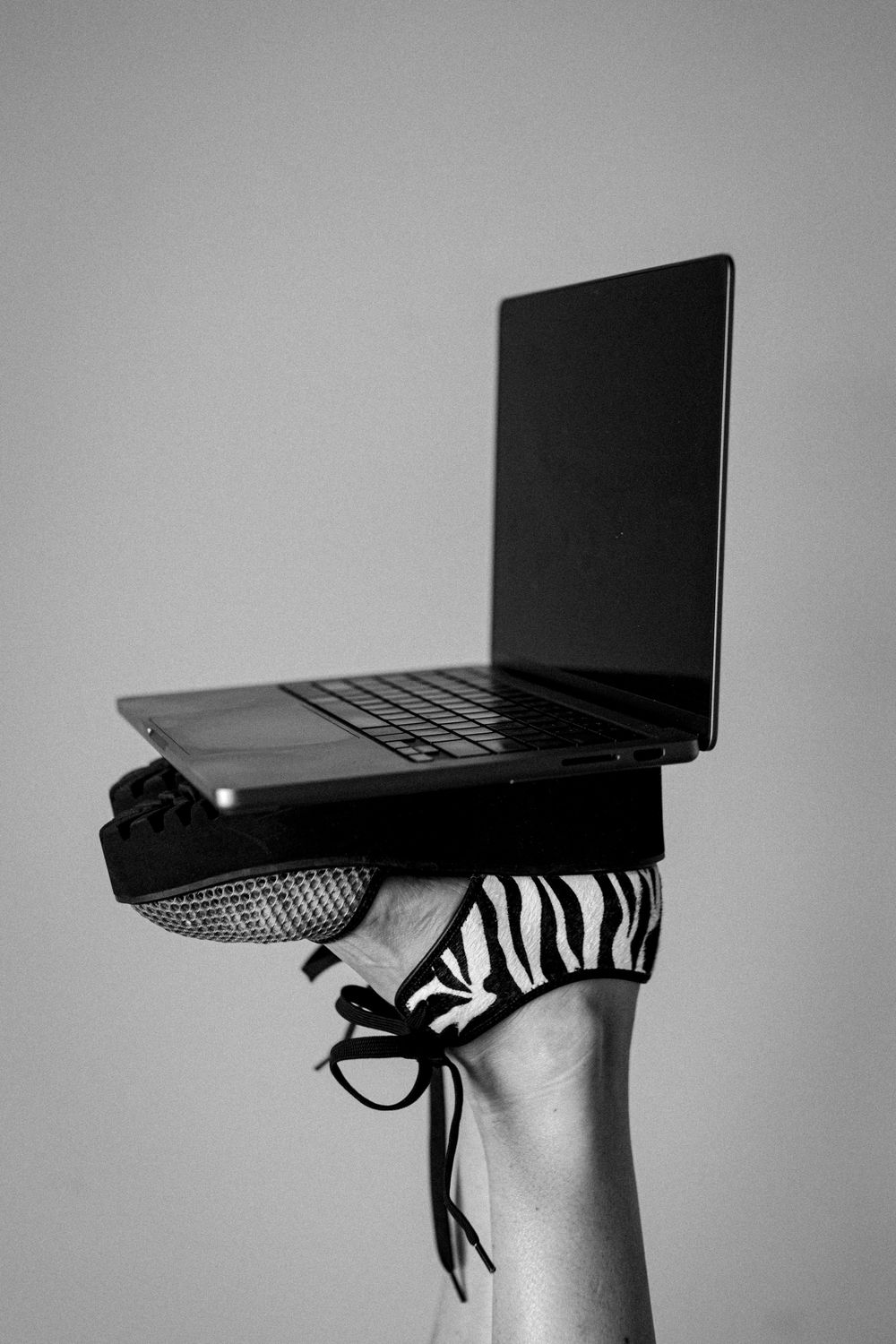 A laptop perched precariously on a balanced shoe with zebra print pattern shown in multiple artistic angles.