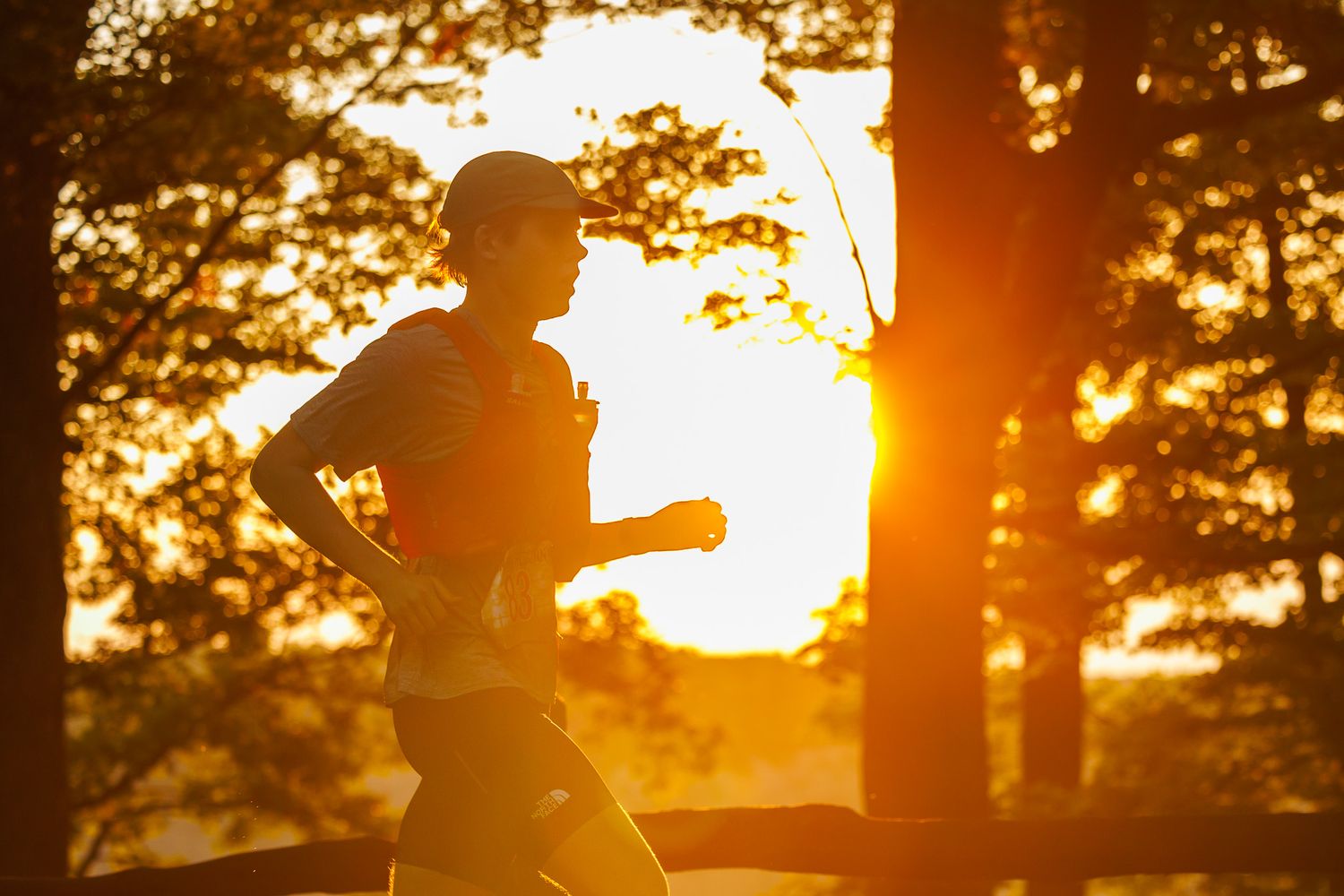 Silhouettes of soldiers on patrol against a dramatic orange sunset through trees.