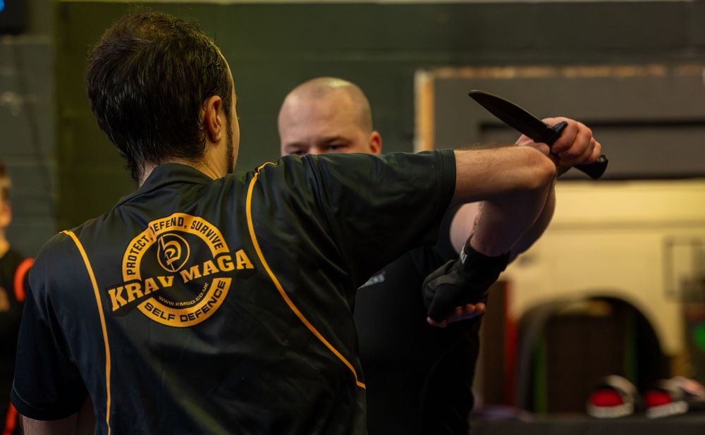 Two martial artists practicing defense moves in training session.