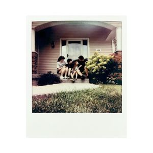 Vintage polaroid photos showing people gathered outside a residential building.