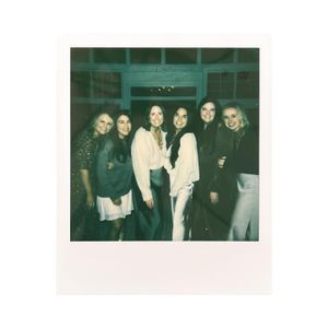 A series of vintage-style polaroid photographs arranged in a row showing group gatherings.