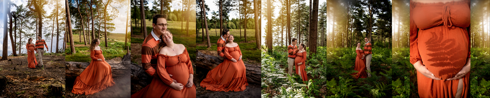 A couple is hugging and smiling in the forest, in beautiful light. The woman is wearing a gorgeous maternity gown. Location: The New Forest.
