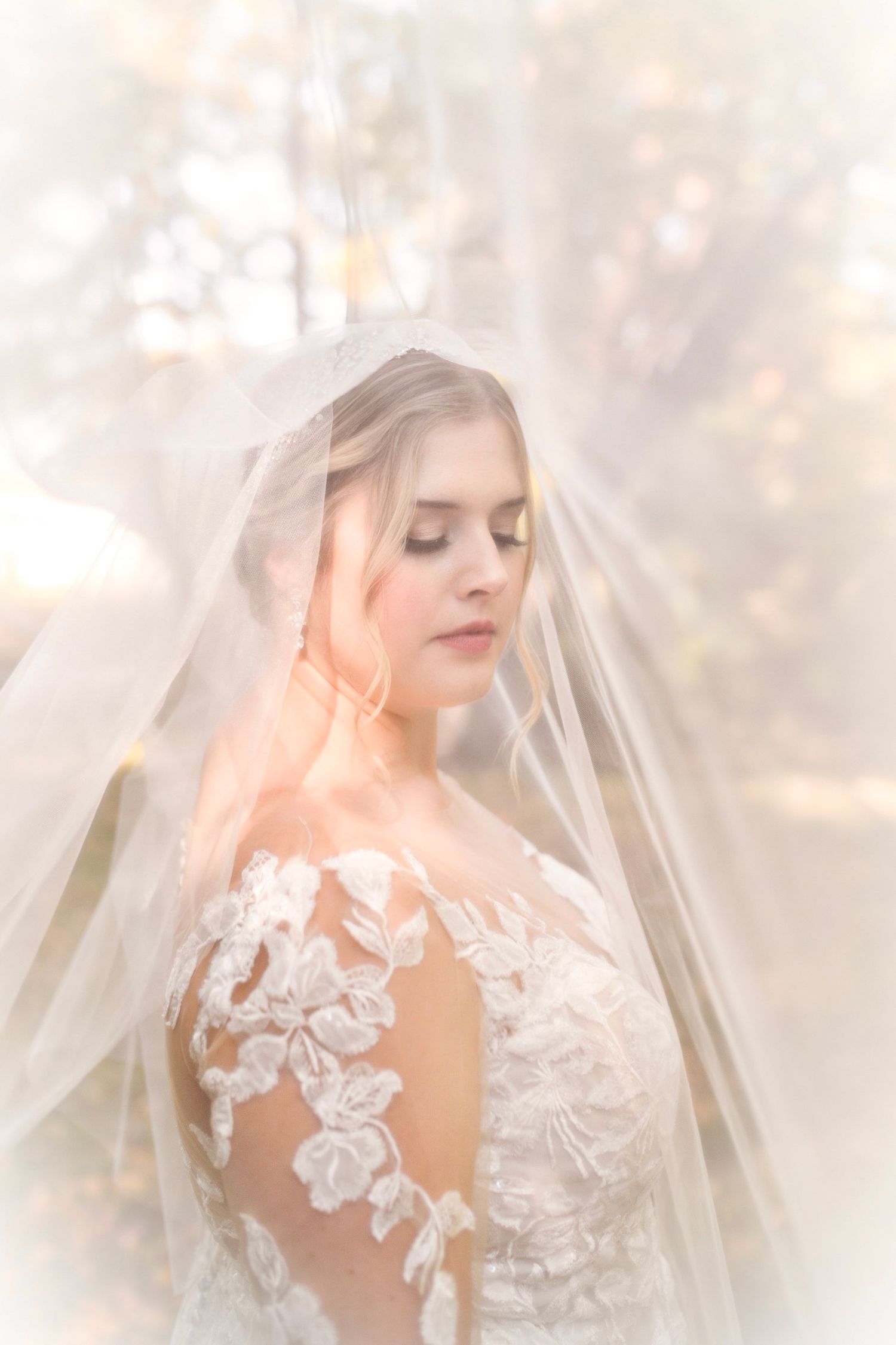 Ethereal bridal portrait with delicate lace floral appliques on wedding dress and soft veil in dreamy natural light.