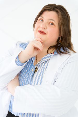 Professional portrait series showing person in blue striped shirt and white coat.