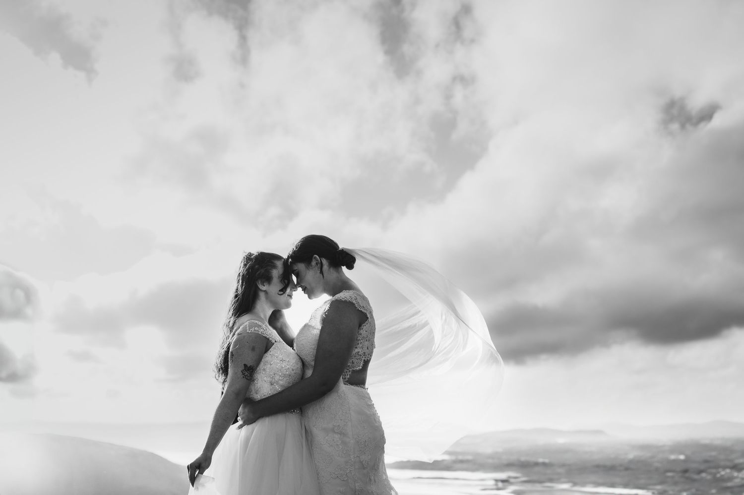 Romantic silhouettes of couples kissing against dramatic cloudy skies in a beach wedding photo montage.