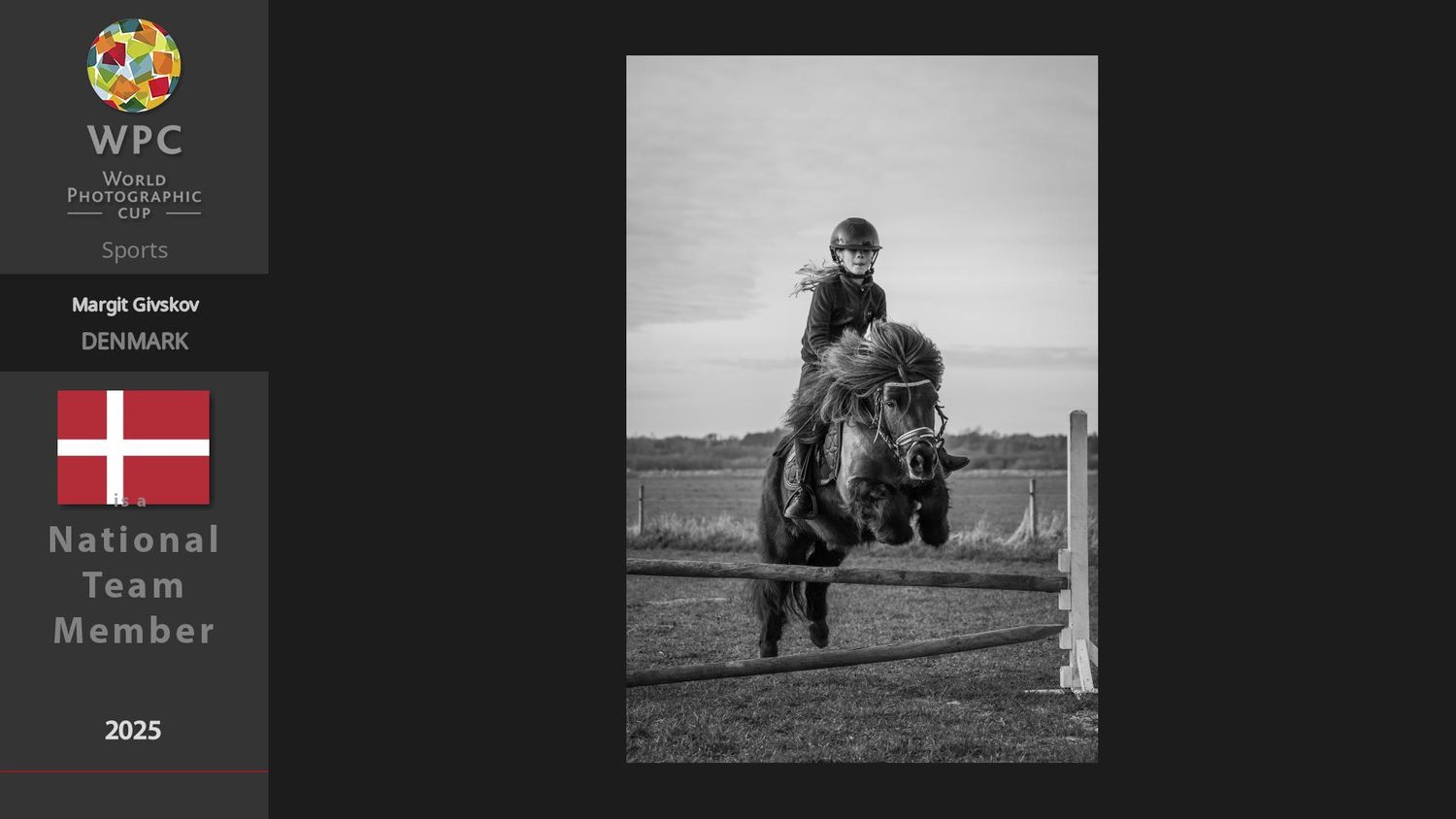 World Photographic Cup 2025, sport kategori. Hest med rytter der springer over bum.
