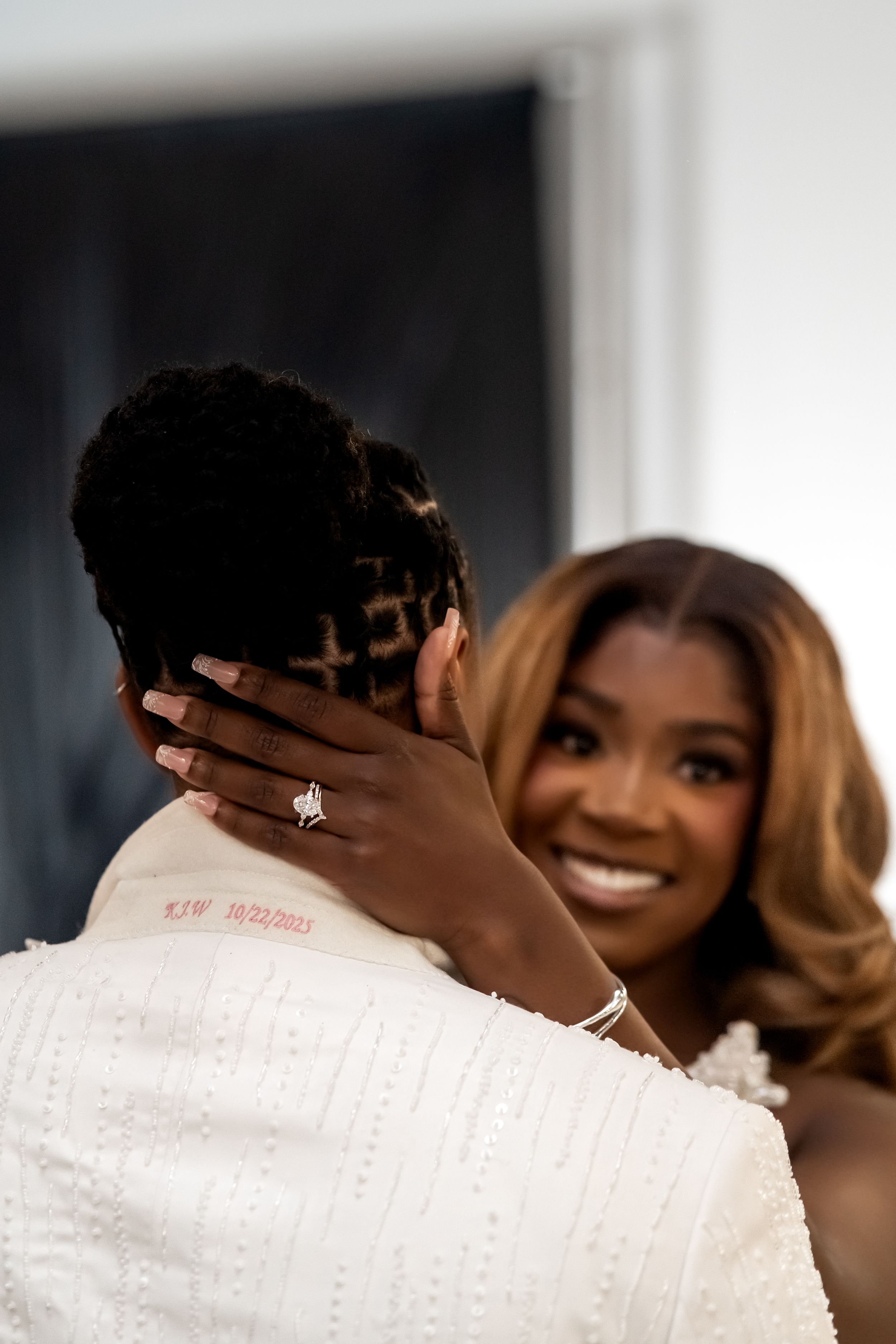 A sequence of photos showing a couple embracing and sharing a tender moment in formal attire.