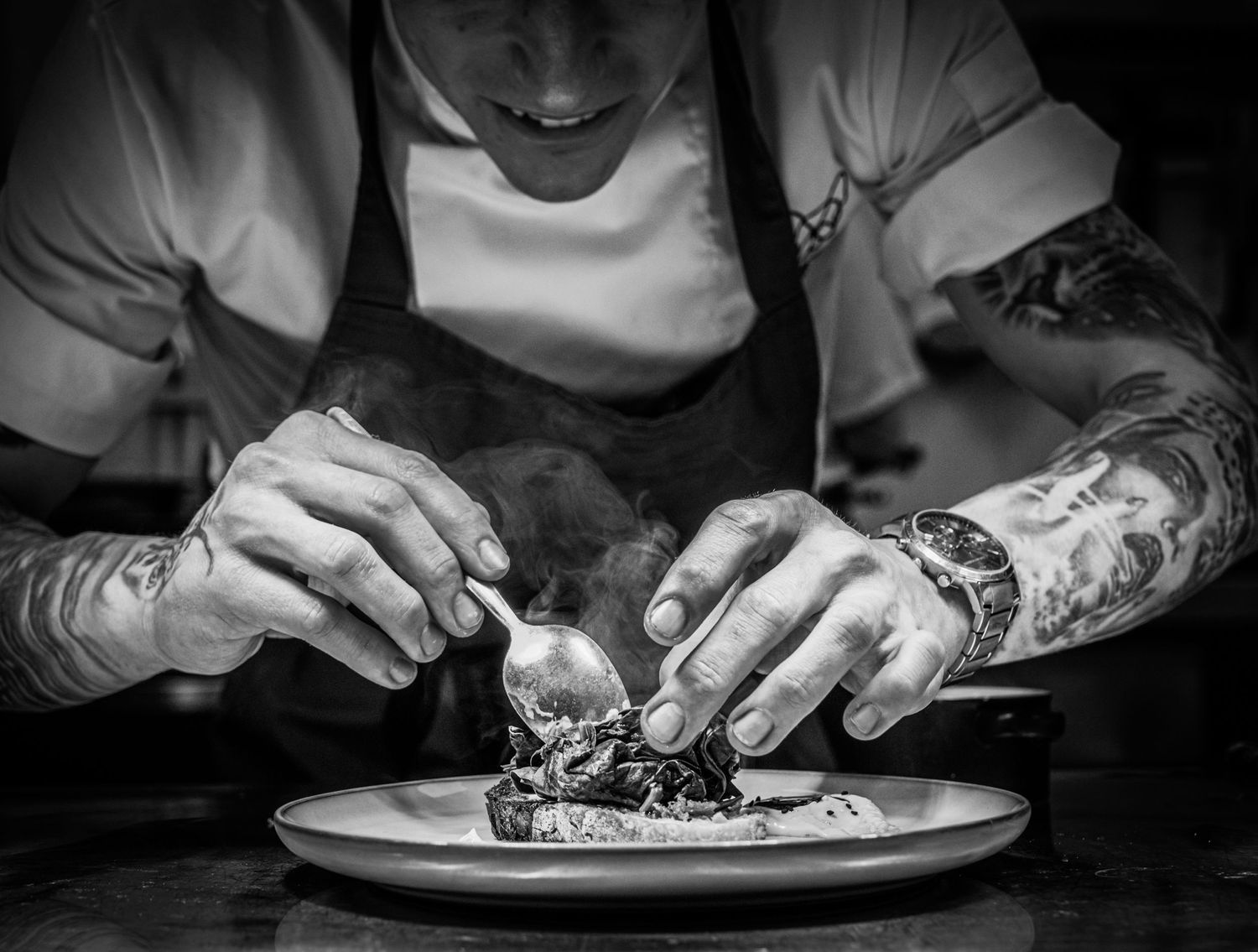 Chef Dale Spink prepping for service Photographed by Simon Robertson Photography