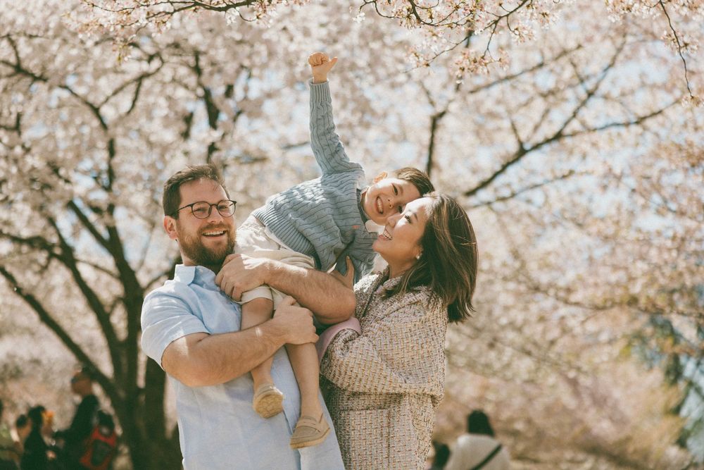 Happy family with baby enjoying cherry blossom trees in spring, parents smiling and lifting child outdoors.