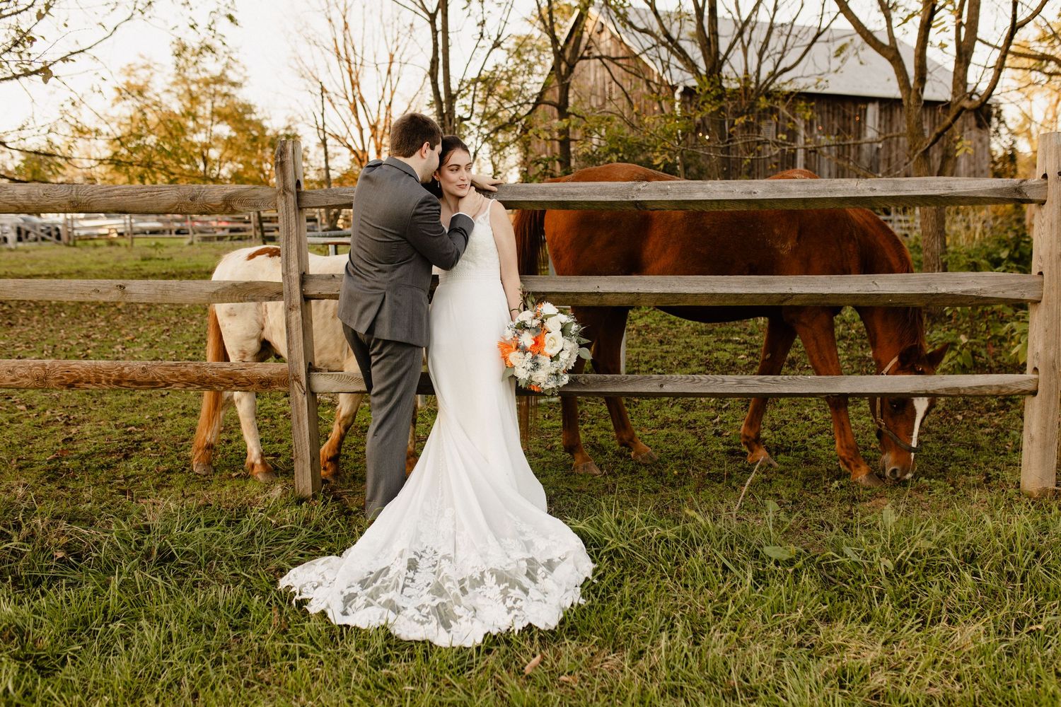 Wedding photographs captured at a rustic farm setting with horses in the background.