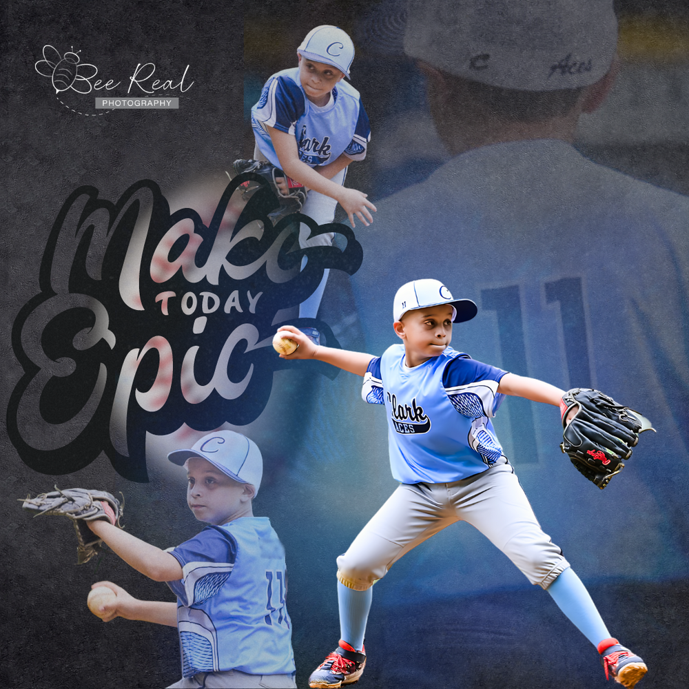 Sports action collage showing baseball player in light blue uniform making different plays.