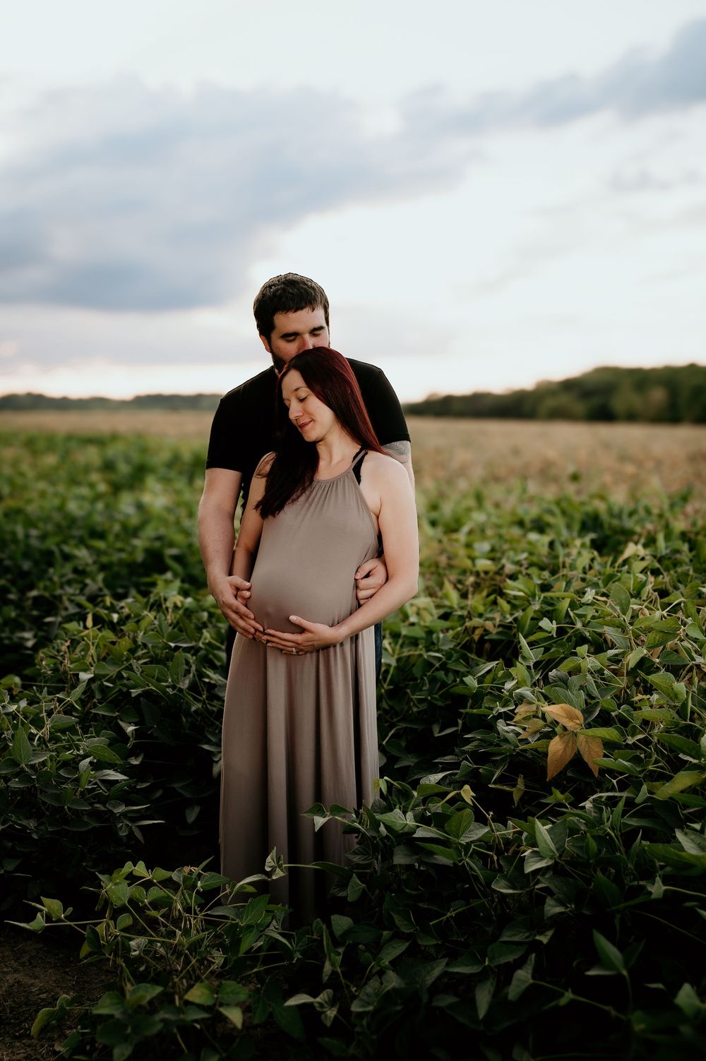 A couple embraces tenderly in a lush green soybean field during sunset.