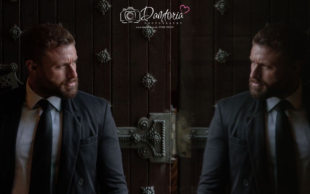 A series of moody portrait shots showing a man in a dark suit against a wooden wall in dramatic lighting.