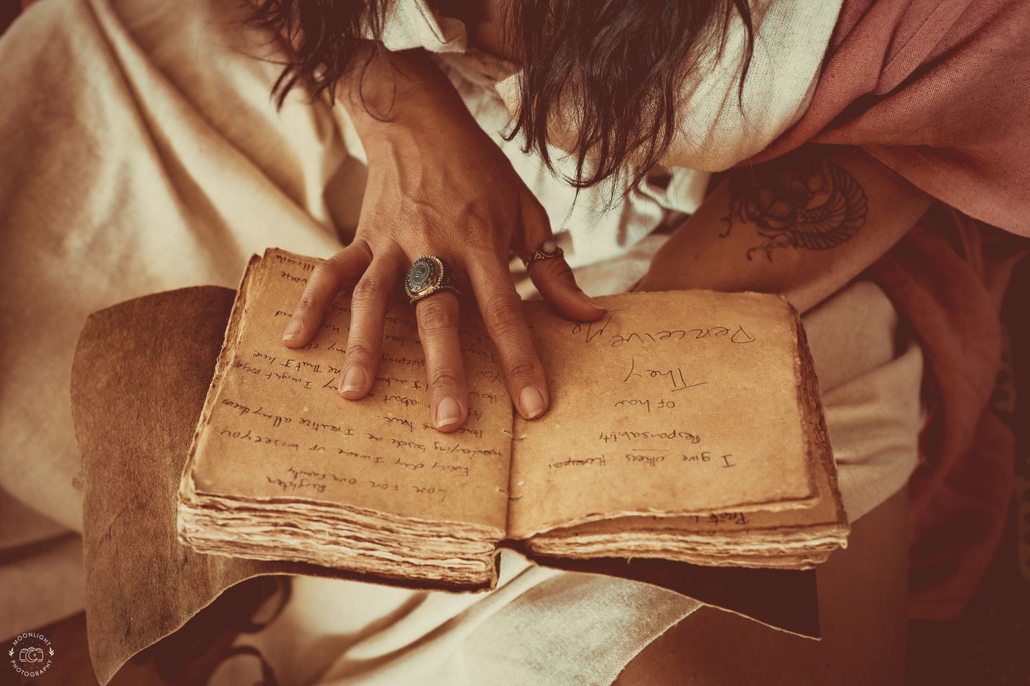 Close up detailed photo of a priestess reading her sacred book of healing. Branding photography Las Vegas. Brand photographer Las Vegas