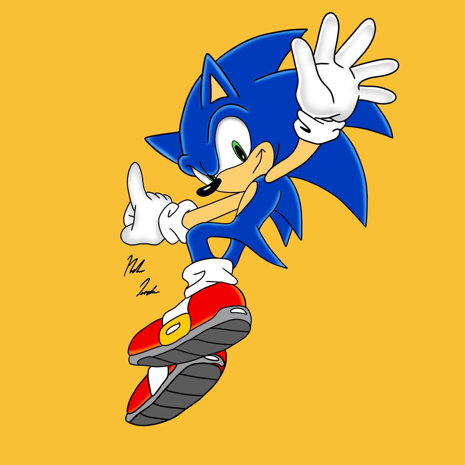 Classic Sonic the Hedgehog cartoon illustration running dynamically on a bright yellow background.