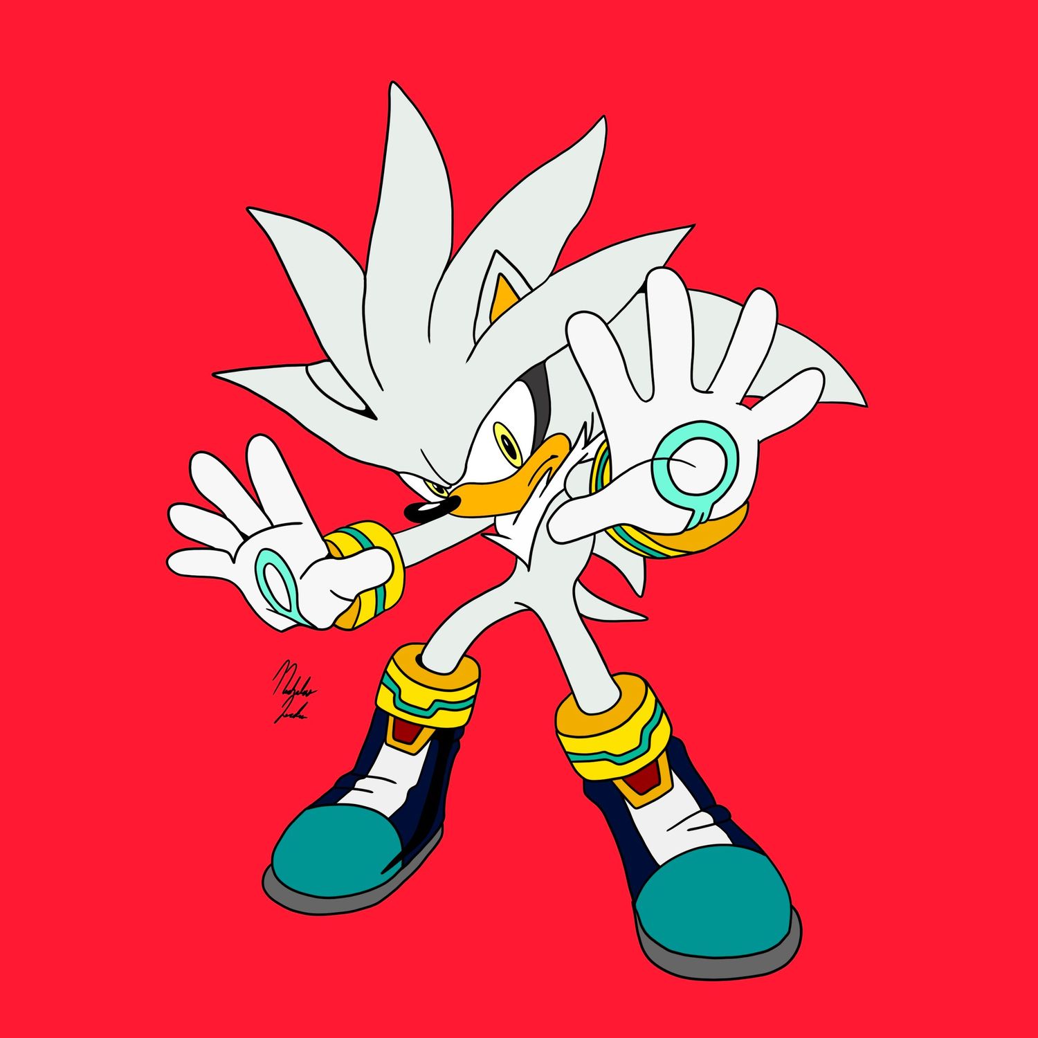 Fan art of Silver the Hedgehog from Sonic, white fur, teal shoes, yellow accents, posed confidently on red background.
