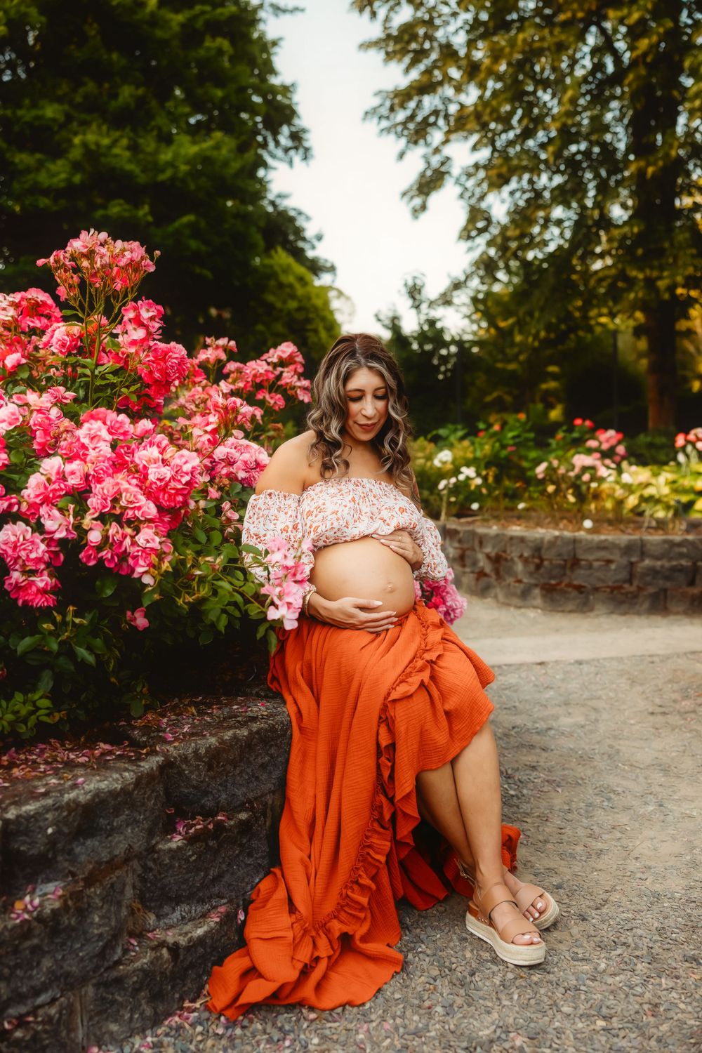 Maternity session at a rose garden at Point Defiance Park in Tacoma Washington