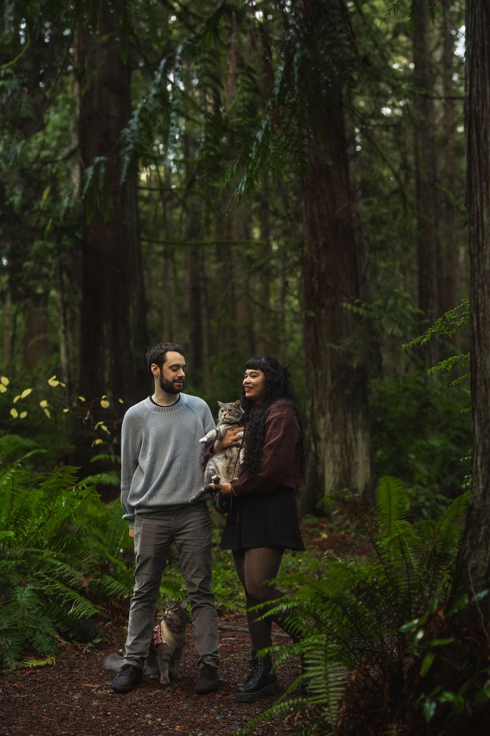 A couple walks together on a forest trail surrounded by tall evergreen trees and lush ferns in the Pacific Northwest.