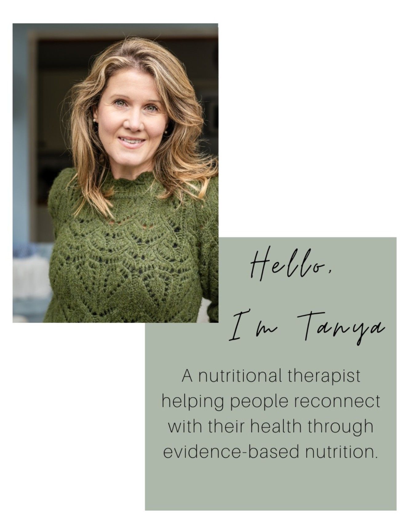 Professional headshot of a nutritional therapist wearing a green knit sweater with text overlay introducing their services.