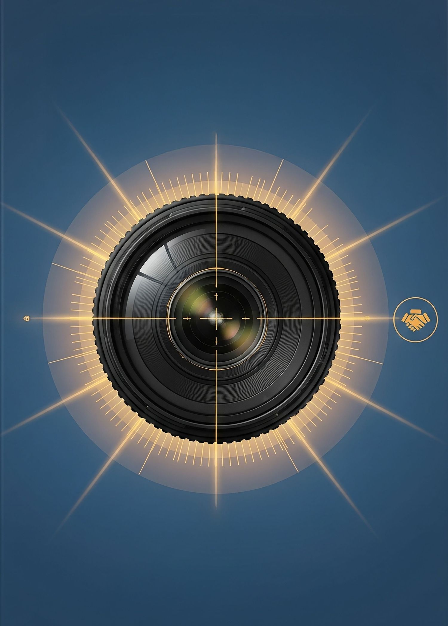 A sequence showing a camera lens with radiating light effects transitioning from narrow to wide angles in a dark blue background.
