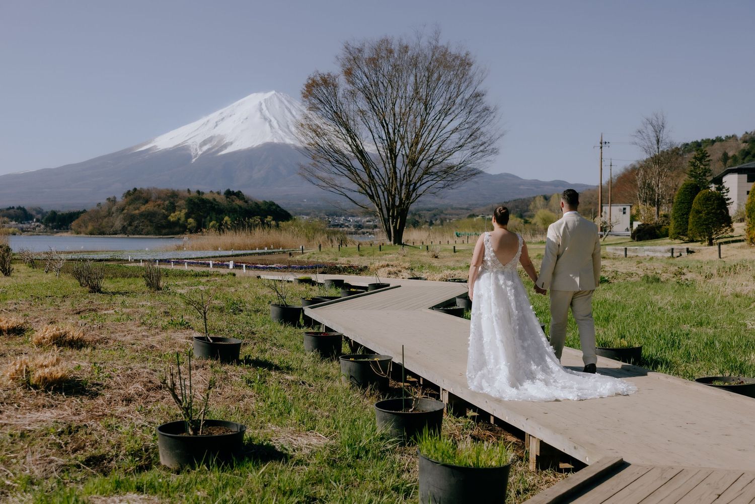 A wooden boardwalk path winds through a scenic grassland with mountains visible in the distance.