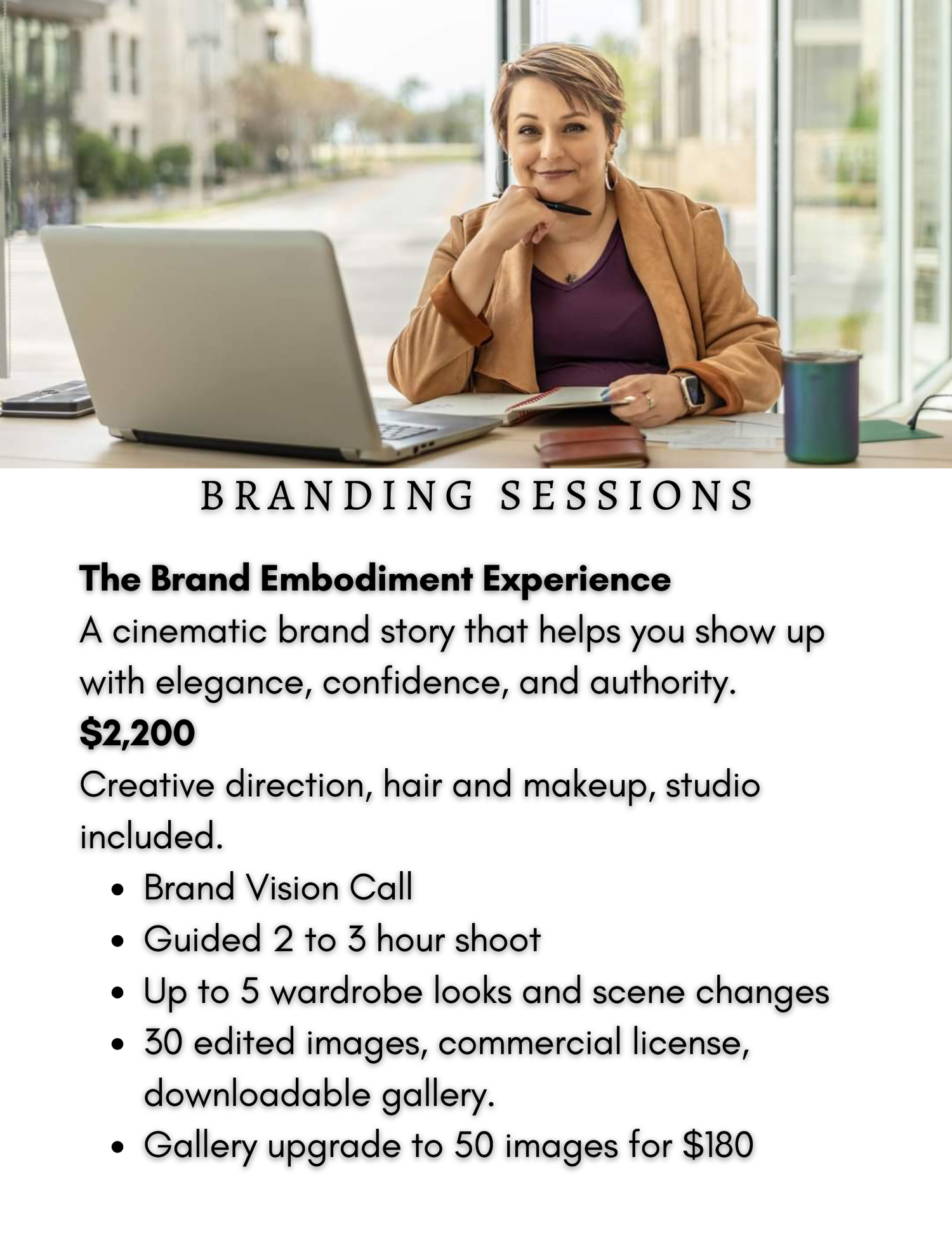 A price sheet featuring a woman sitting in an office setting with a laptop.