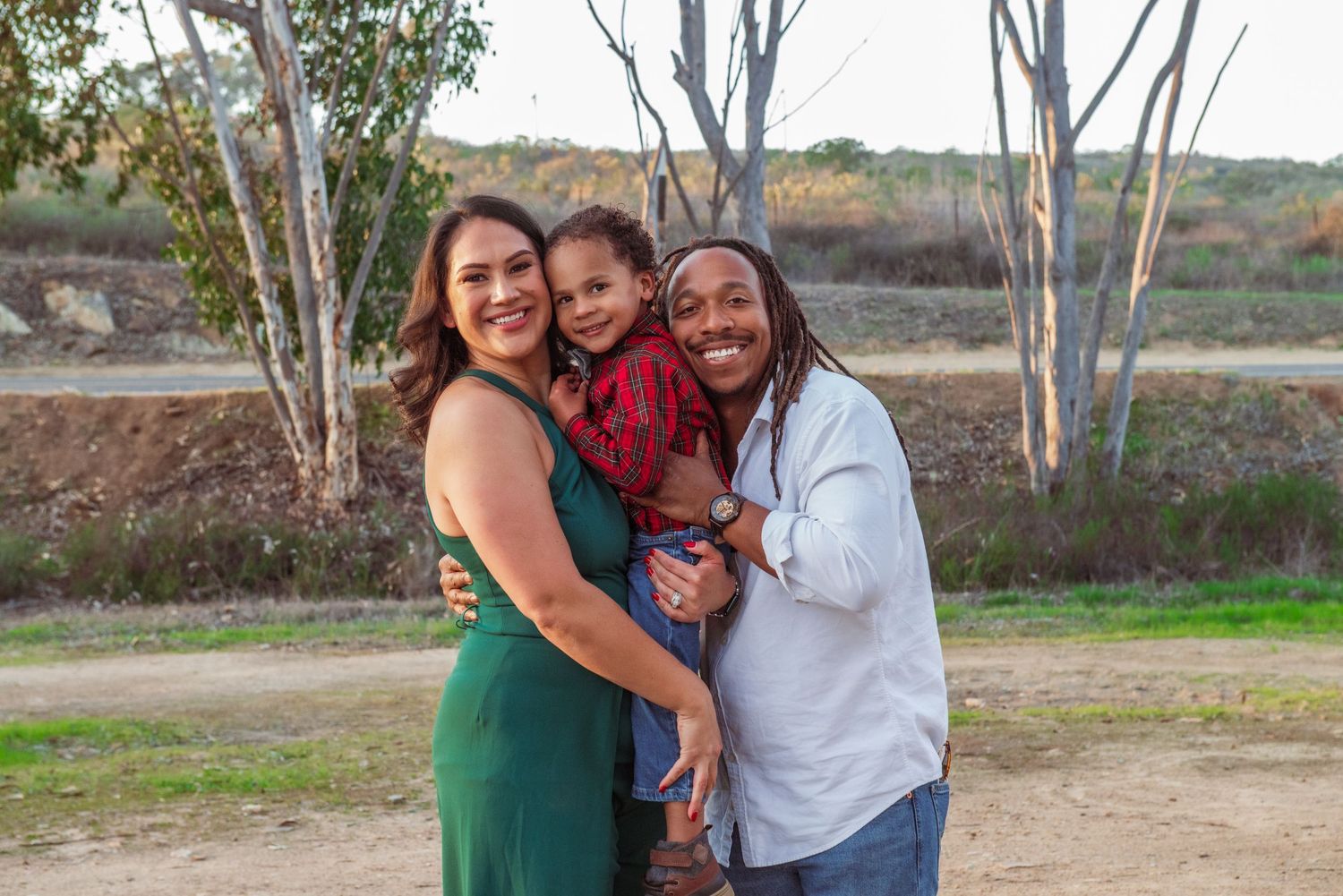 Family members share joyful moments together outdoors in a series of casual portrait photographs.
