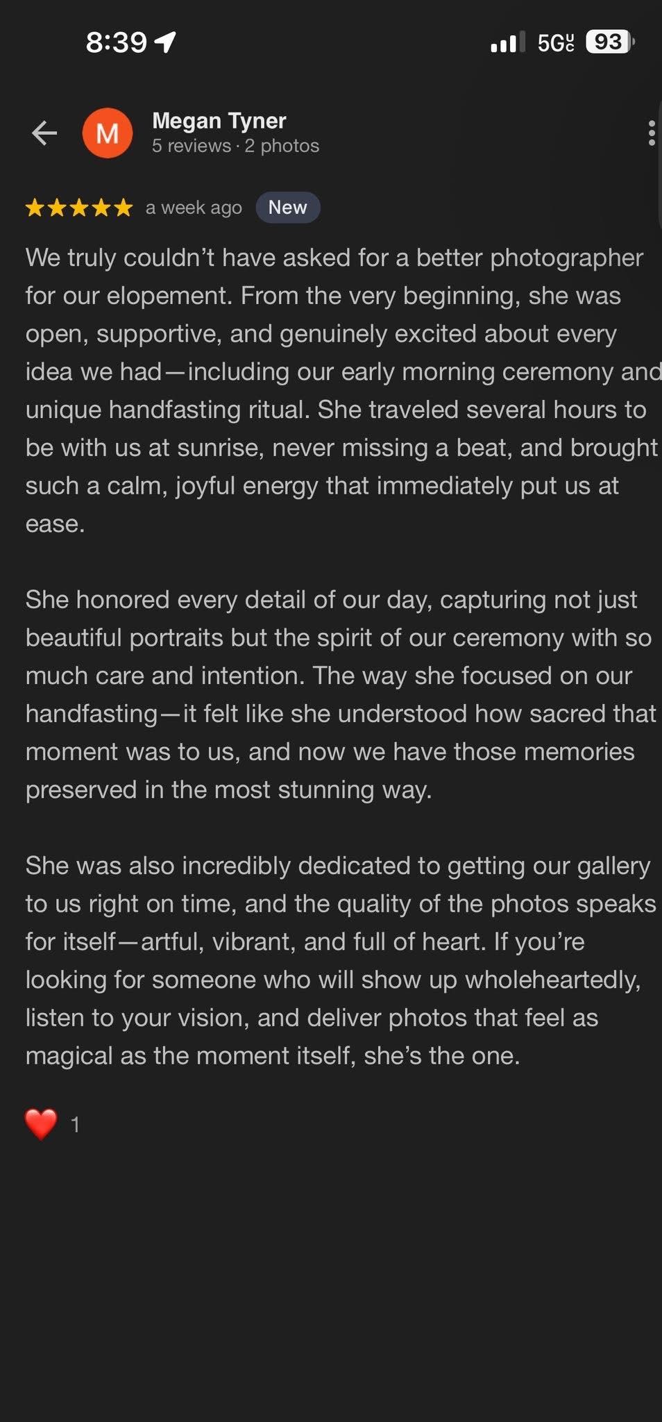 A glowing 5-star review screenshot showing positive feedback about a wedding photographer's dedication and service.