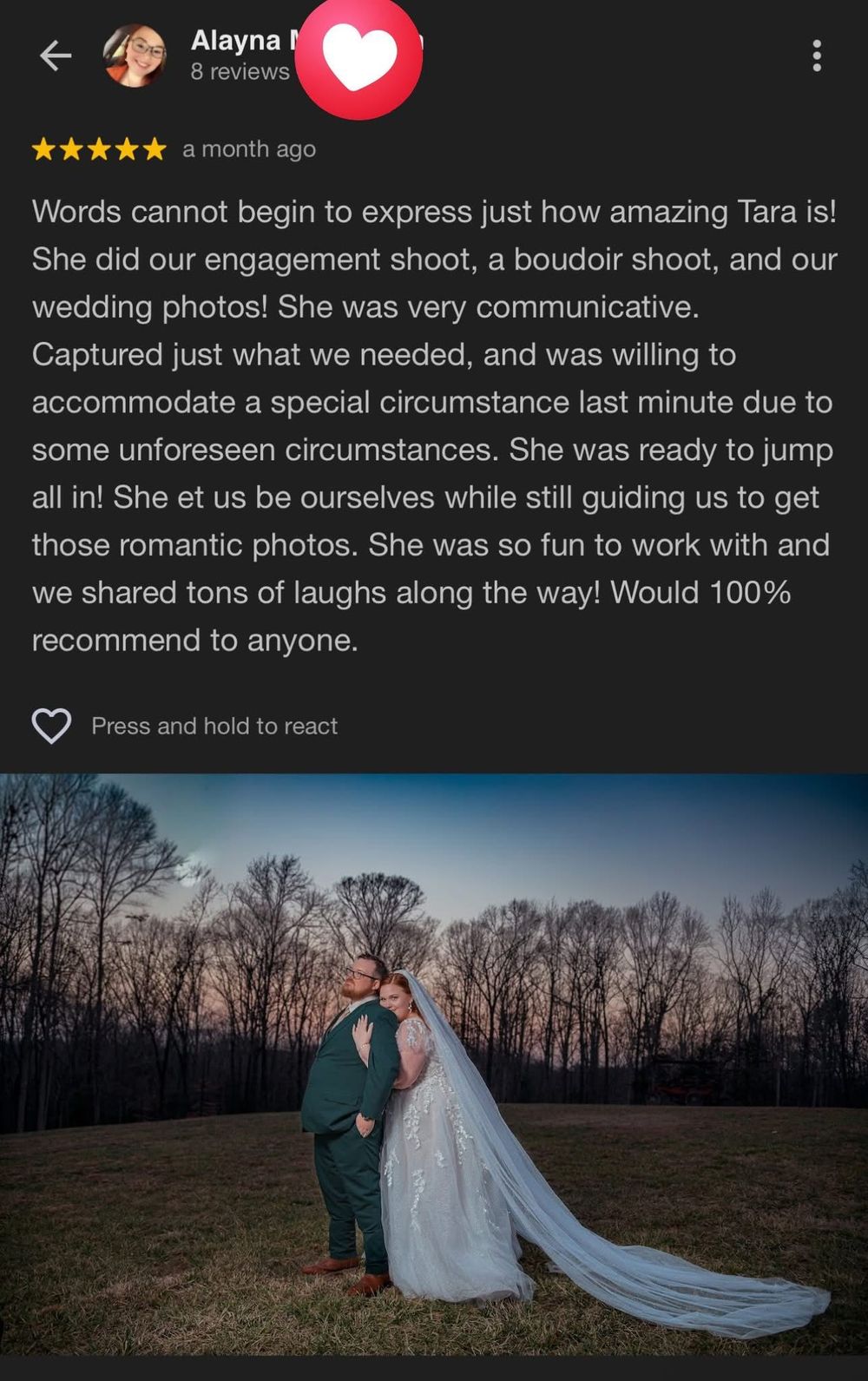 Romantic dusk wedding photo of a couple embracing in Greenville, SC, captured by a wedding photographer.