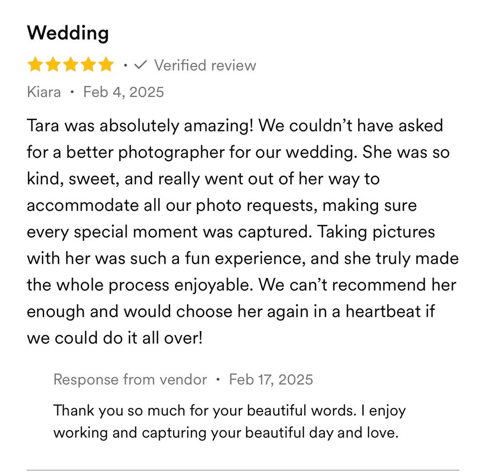 5-star wedding photography review for Tara Amado, a Greenville, SC wedding photographer.