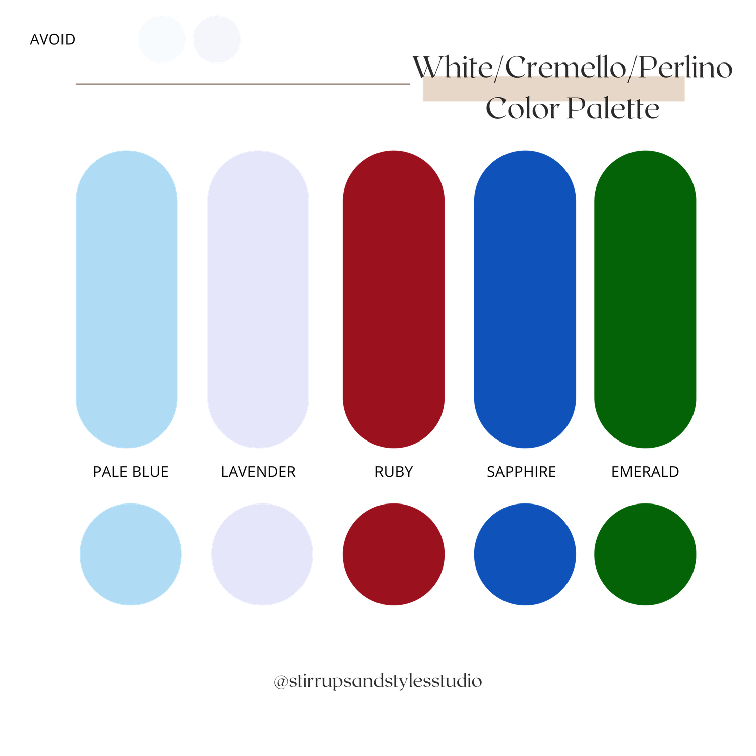 A color palette featuring pale blue, lavender, ruby, sapphire and emerald swatches arranged in a horizontal row.