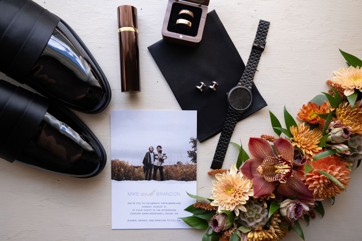 A collage of wedding details including shoes, rings, flowers, and accessories arranged in a horizontal layout. Kawartha