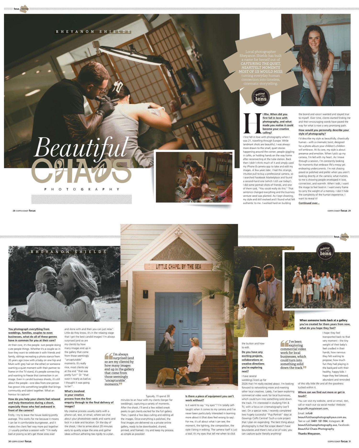 Magazine layout spread showing multiple pages with text, photos and editorial design elements for a lifestyle publication.